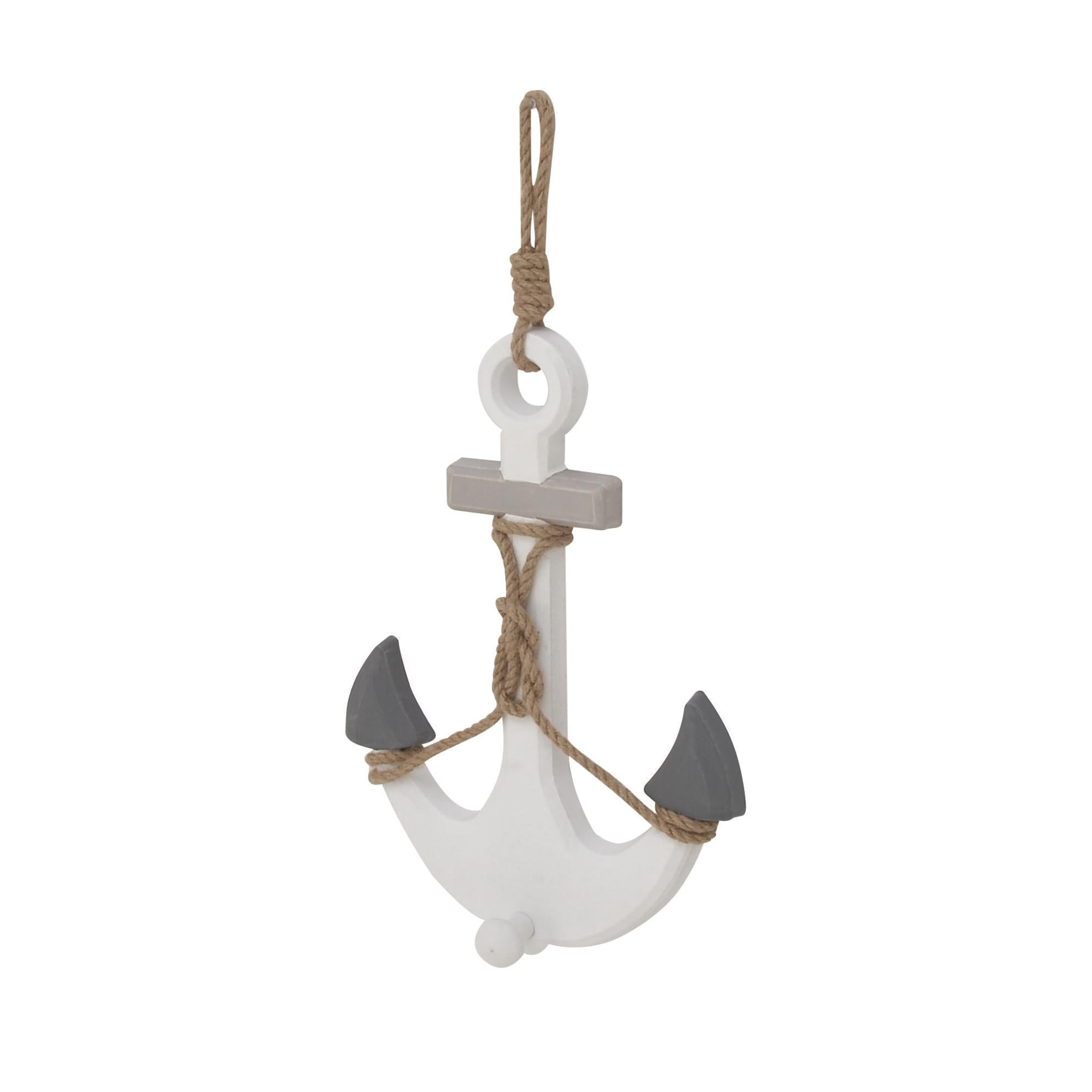 DecMode White Wooden Anchor Wall Decor with Hanging Rope