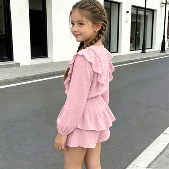 Cethrio Girls Summer Outfit Sets Size 10-12, Casual 2 Piece Long Sleeve Shirts and Skirts Sets Pink Size 10