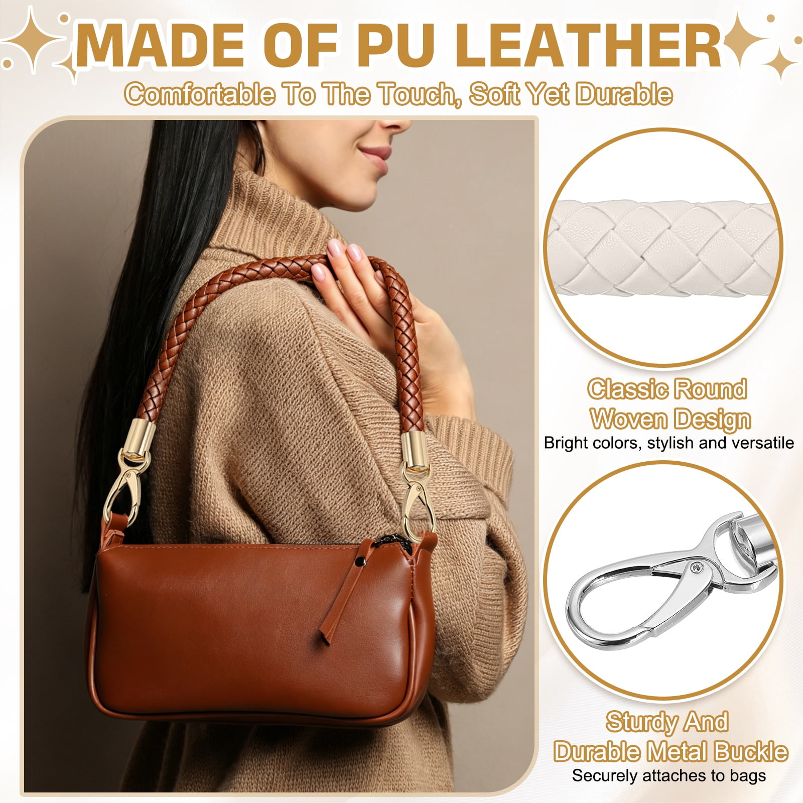 Uxcell 2 Pcs Braided Purse Strap, 65cm 25.6" PU Leather Shoulder Purse Strap for Handbag Bag Handle Replacement for DIY Making Handbag Underarm Bag, Beige (Silver Buckle)