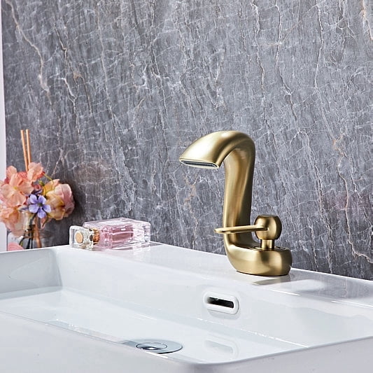 SOKNARKU Bathroom Sink Basin Waterfall Faucet Brass Deck Mount Single Hole Single Handle Cold And Hot Mixed Modern Creative Design Tap Including Two US Standard 3/8 Hoses Brushed Gold