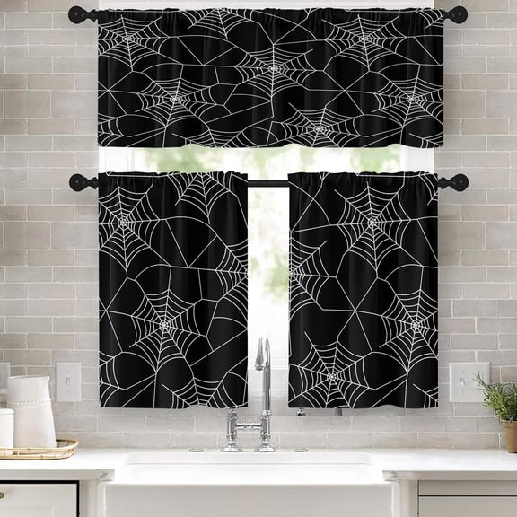 Halloween Kitchen Curtains Spider Window Curtains and Valances Set 36 Inch, Black Short Tier Curtain, October Spooky Holiday Small Kitchen Decor