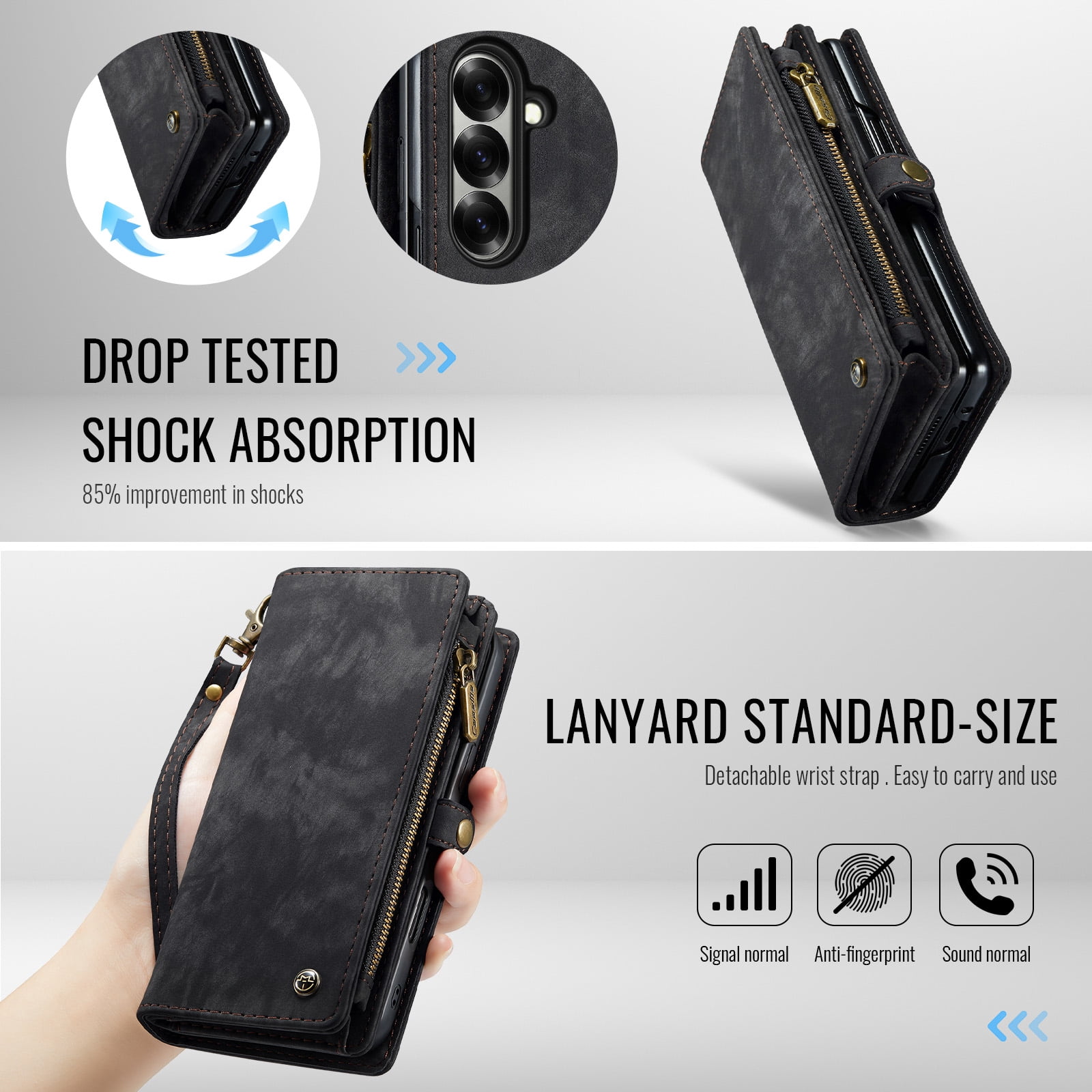 Feishell Durable 2- In-1 Magnetic Detachable Wallet Case for Samsung Galaxy Z Fold 7,for Women Men,Premium PU Leather Zipper Pocket Flip Multi Card Slots Purse Phone Case with Wrist Strap,Black