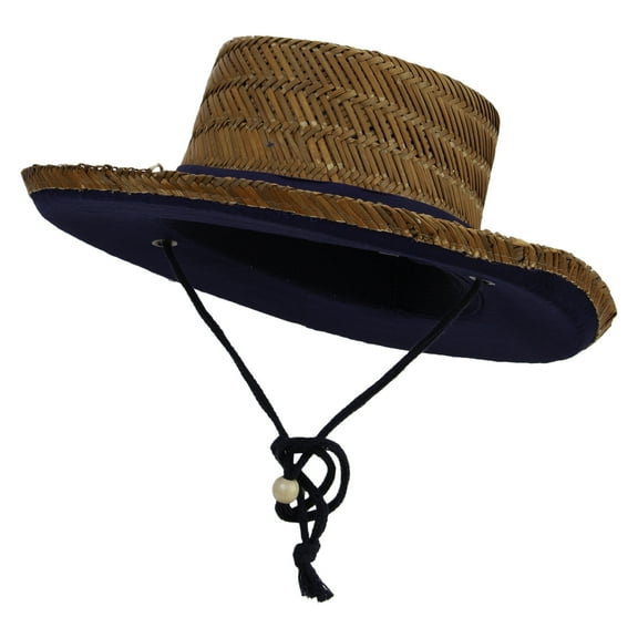 3 Inch Brim Rush Straw Gambler Hat - Navy XL