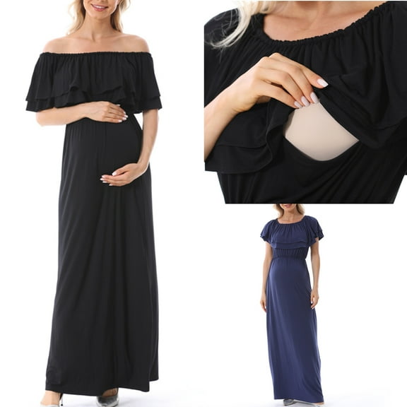 Jinhomg Womens Off Shoulder Maternity Dress 2025 Trendy Ruffle Nursing Dresses Plus Size Casual Comfy Solid Maxi Pregnancy Dress for Breastfeeding Sales Today Clearance Black L