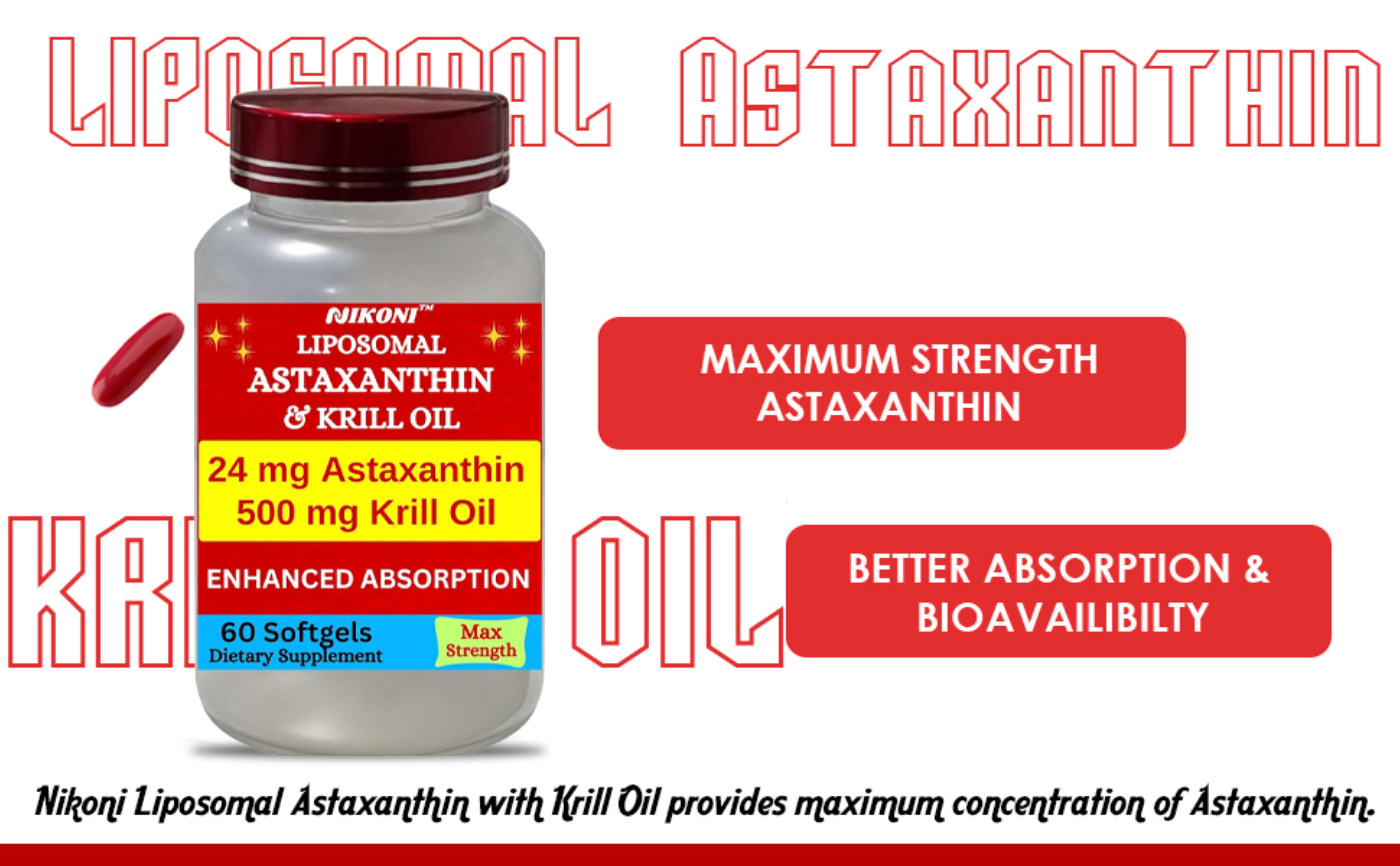 Nikoni Liposomal Astaxanthin Krill Oil Softgels Cellular Joint Heart Health Antioxidant Support 60 Count Softgelss