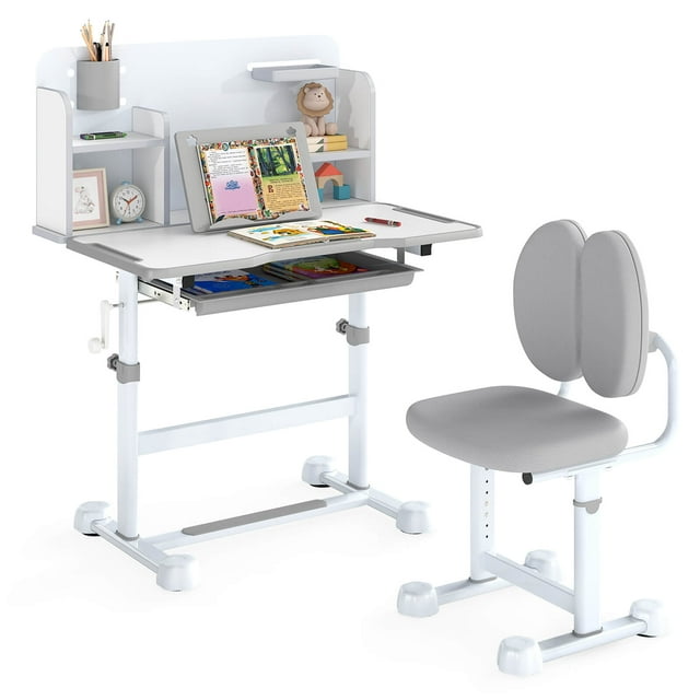 Costway Ensemble Bureau d'Étude et Chaise pour Enfant avec Plateau Inclinable, Porte-Stylo et Plateau, Support de Lecture Gris