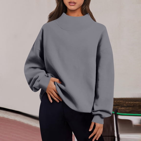 Oversized Sweatshirt Turtleneck Pullover Mock Neck Winter Sweaters Long Sleeve Loungewear Hoodie Gray M