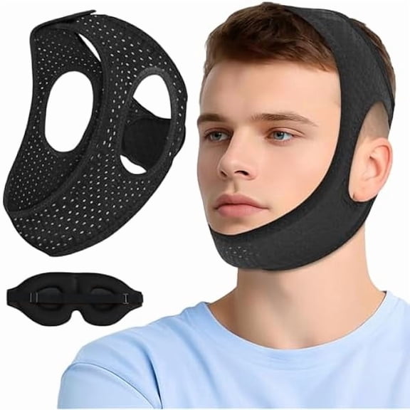 USBSO Chin Strap for Sleeping, Anti Snoring Devices Comfortable Effective Stop Snoring Solution, Snore Stopper Breathable, Anti Snore Chin Strap Adjustable Velcro, with Eye Mask, Black