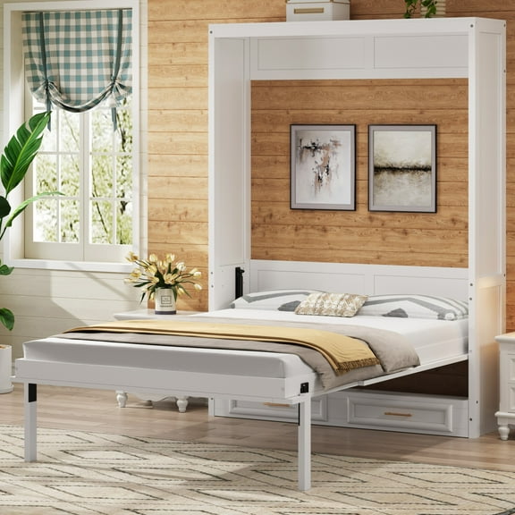 Lisonu Full Size Murphy Bed with Storage Drawers, Space-Saving Wall Bed Cabinet for Guest Room or Small Apartment, Beige