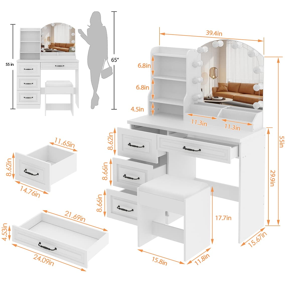 Veanerwood Makeup Vanity Set with Lights and 4 Drawers, Modern Vanity Table 3 Lighting Colors, 39.4in, White