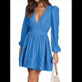 thumbnail image 2 of Vestido Mini de Larga con Escote en V Profundo para Mujer, Corte A, Cintura Alta, Informal, Fluido, Ideal para Invitadas A Cócteles y Bodas Azul M, 2 of 8