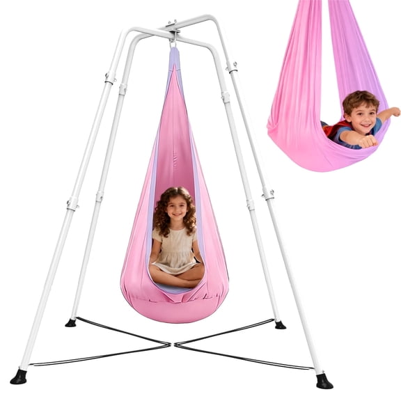 G TALECO GEAR Sensory Swing with stand and Pod Swing, Sensory Chair Indoor and Outdoor, x-Shaped Swing Set for Backyard, Metal Hammock Chair Stand for Kids &Adults, 330LBS,Pink&White