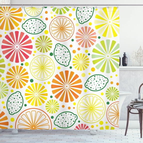 Lemons Shower Curtain, Tropical Clementine Tangerine Orange and Grapefruit Slices on Spotted Background, Fabric Bathroom Set with Hooks, 69W X 75L Inches Long, Multicolor, by Ambesonne
