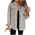 thumbnail image 2 of Fashion Denim Shirt Jacket for Women Relaxed Fit Button Down Fringed Hem Long Sleeve Chest Pocket Casual Overshirt Coat Gray S, 2 of 6