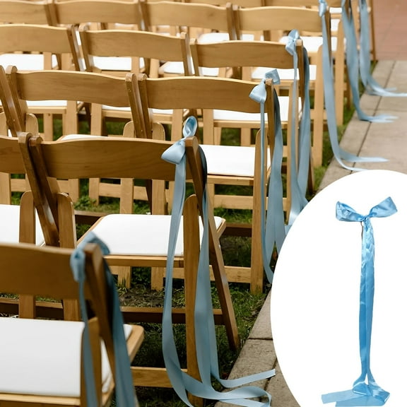 Chair Sashes for Weddings, Blue Satin Chair Bows & Ribbons, Pack of 12 Fabric Chair Sash Decor for Wedding Reception, Banquet, Party, and Event Decorations