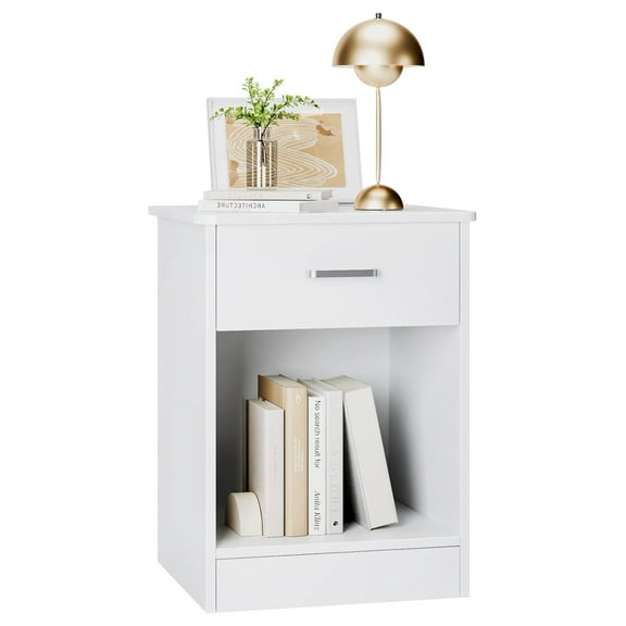 Drevy Nightstand, 2-Tier Side Table with Drawer and Storage Shelf, Bedside Table End Table, Modern Night Stand for Bedroom, Living Room, Home Office, White