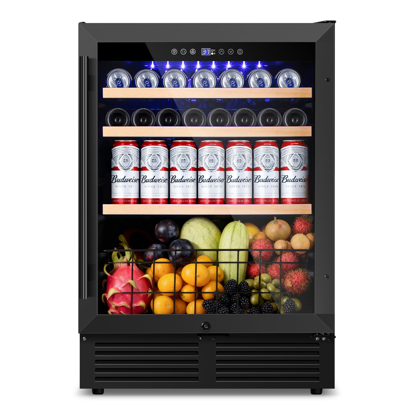 24" Beverage Refrigerator 180 Cans Beverage Cooler Reversible Door Recessed Black Beer Fridge With 1 Basket