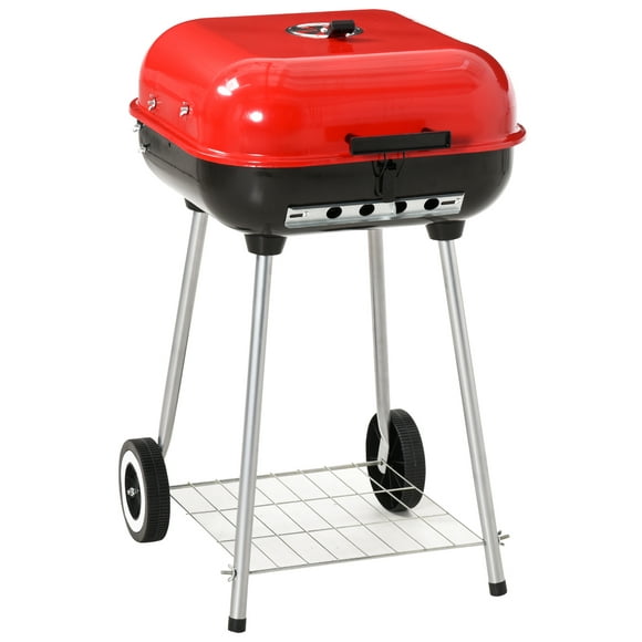 Outsunny Charcoal BBQ Grill, Portable Kettle Barbecue Smoker with Lid, Wheels, Storage Rack, Red