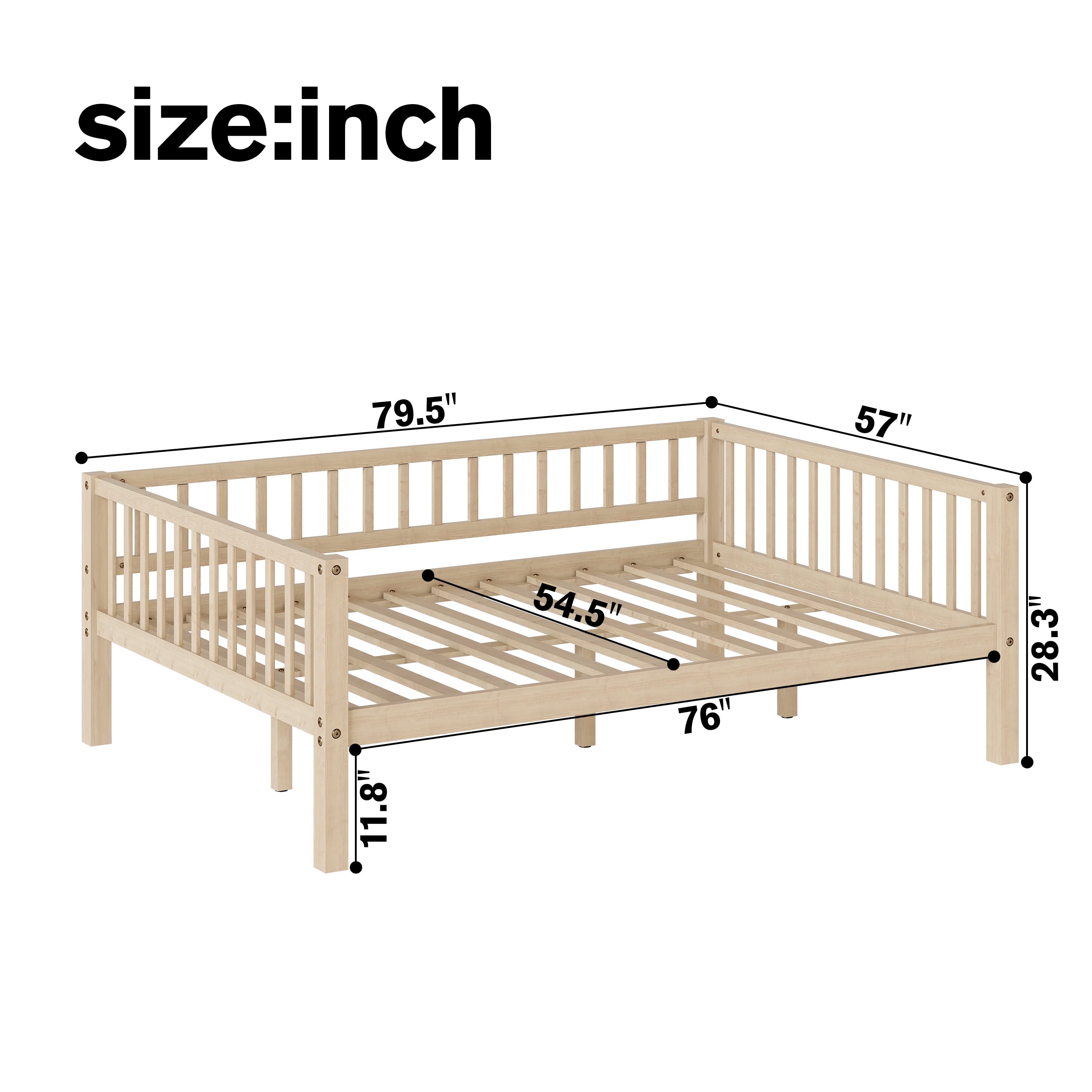 GARITIN Full Size Daybed, 3-Sided Vertical Slat Guardrail Bed Frame, Breathable Wooden Slat Support Leisure Bed for Home Bedroom Guest Room, Natural
