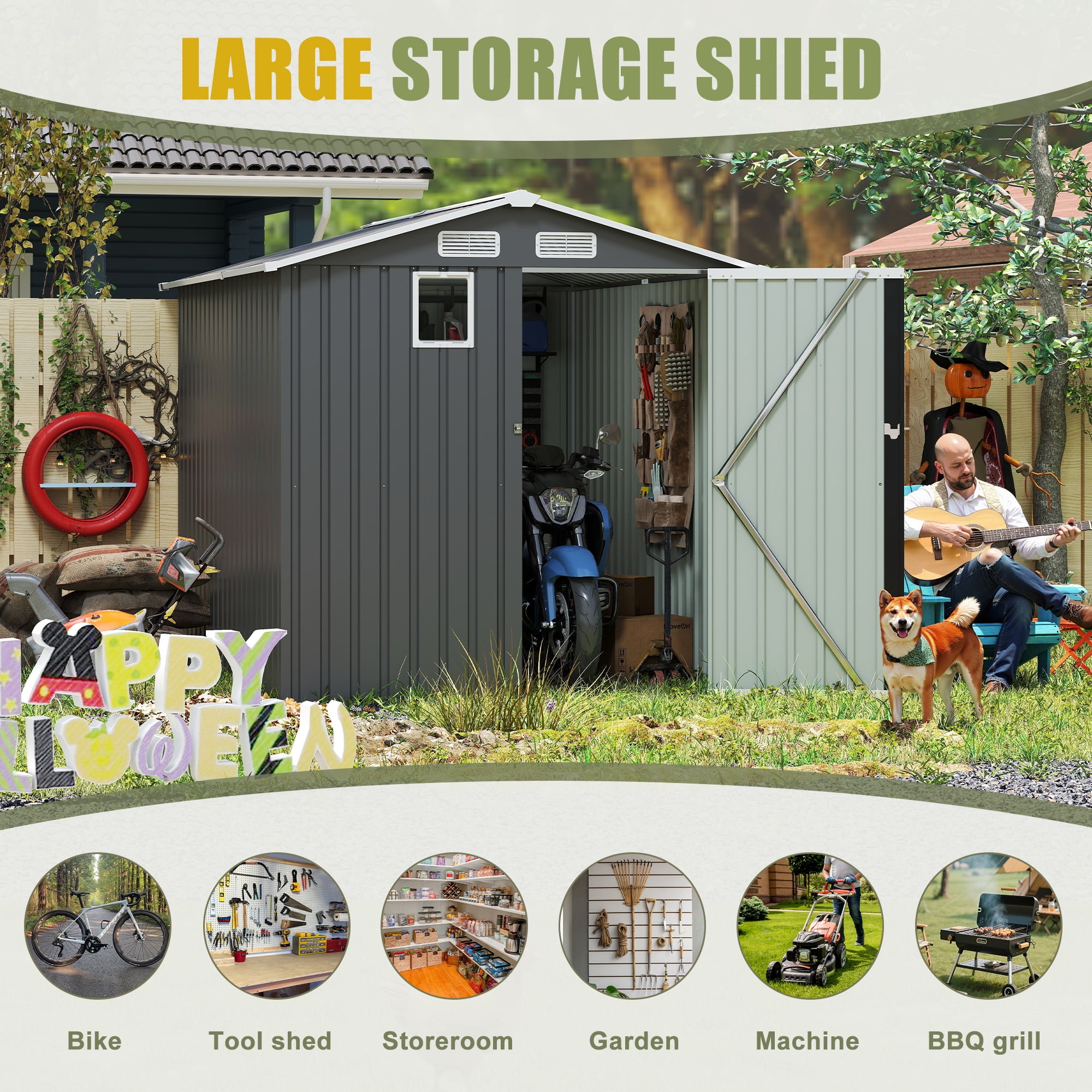 Villeston 8x8 Outdoor Storage Shed with four daylight Windows Lockable Doors,Dark Gray