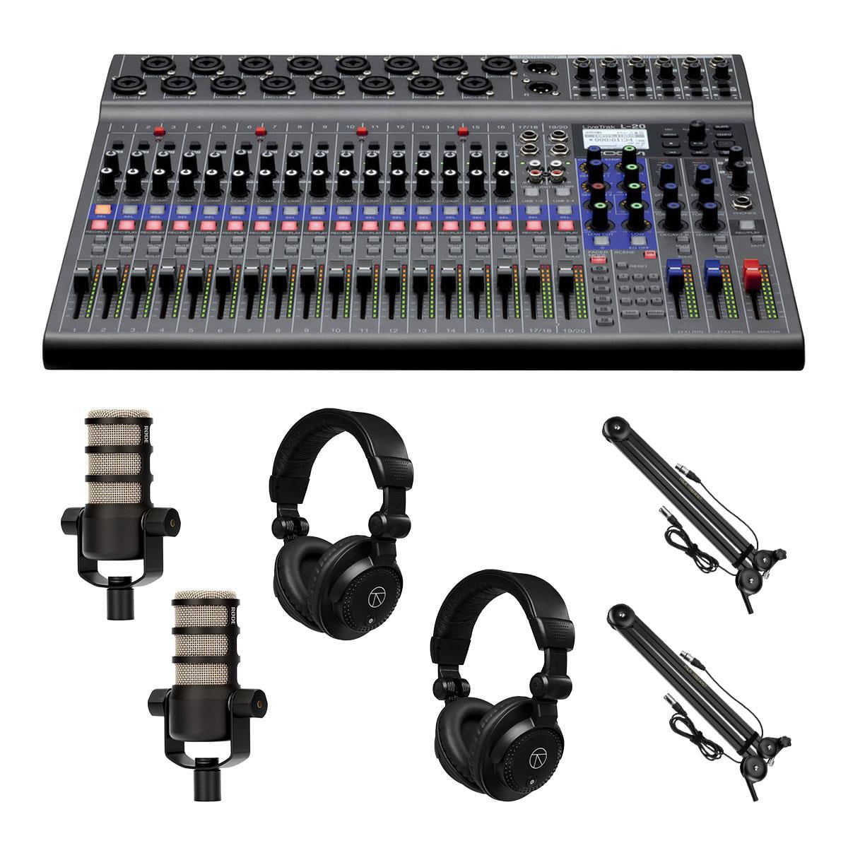 Zoom LiveTrak L-20 20-Channel Digital Mixer & Multitrack Recorder Bundle with 2x PodMic Microphone 2x TAPH100 Monitor Headphones 2x Broadcast Arm