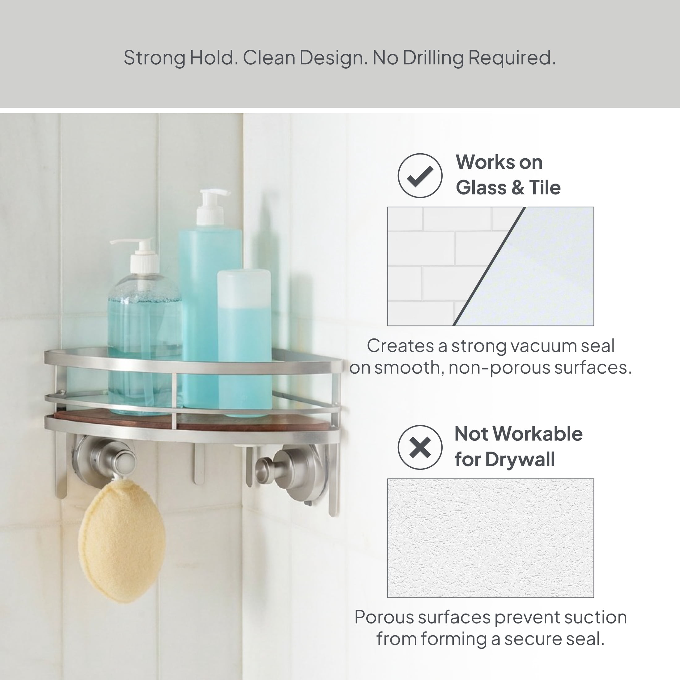 Better Homes & Gardens StyleGrip Corner Suction Mount Shower Caddy with Acacia Wood Tray, Satin Nickel