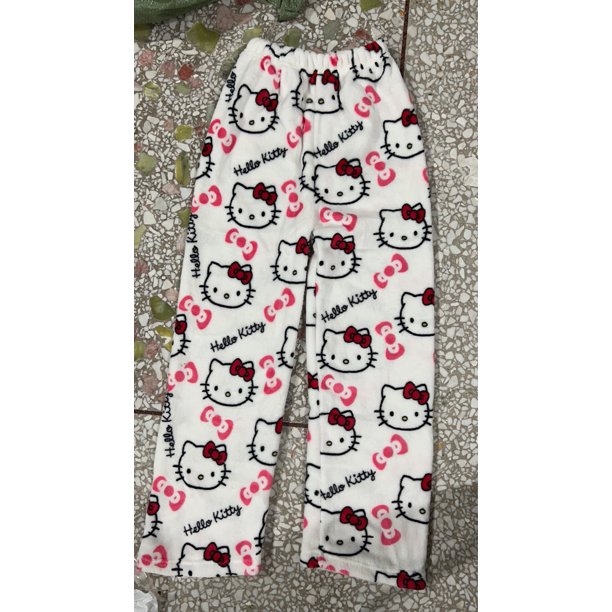 Pijamas de franela de gato KT de dibujos animados para mujer, ropa gruesa de otoño e invierno, pantalones de Casa informales cálidos de terciopelo, comercio exterior