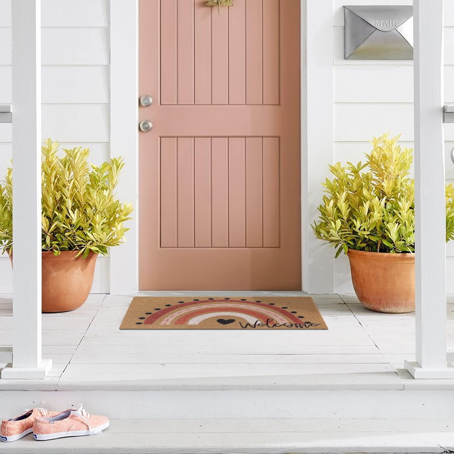 Rainbow Welcome Doormat Boho Rainbow Indoor Outdoor Entryway Non-Slip Backing Rug Neutral Rainbow Housewarming Wedding Gifts 17X29 Inches