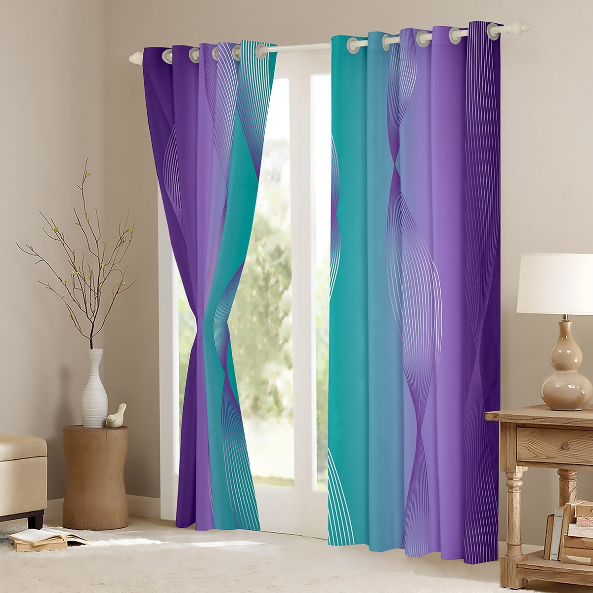 Gradient Teal and Purple Blackout Curtains Ombre Curtains & Drapes,Spiral Silver Print Wave Striped Pattern 2 Panels 42"Wx63"L Curtains,Abstract Art Room Decor Aesthetic
