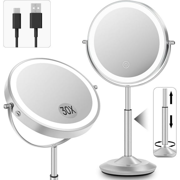 Makeup Mirror with Lights, 1X/30X Lighted Magnifying Mirror Height Adjustable, 3000mAh Rechargeable Double Sided Vanity Mirrors with 3 LED Lighting and Adjustable Brightness for Desk Women Gift