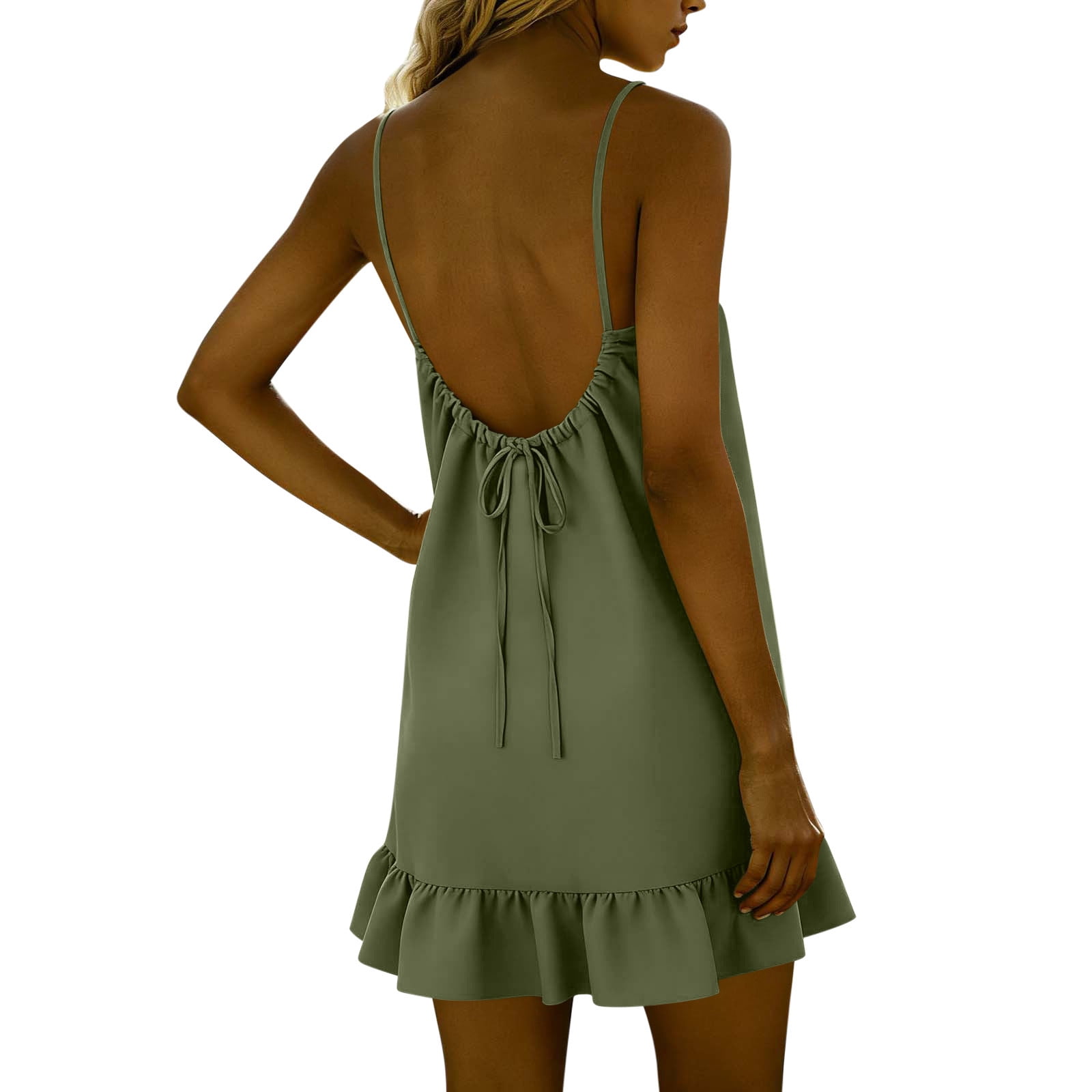 Oplxuo Linen Dresses for Women 2026 Boho Backless Spaghetti Strap Ruffle Mini Dress Plus Size Summer Beach Vacation Sundress