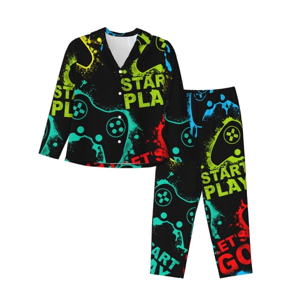 Balery Play Game Start Conjunto de Pijama con Estampado para Mujer, Conjunto de Dos Piezas con Manga Larga, Ropa de Dormir Suave con Bolsillos, Pijamas Cómodos-Large