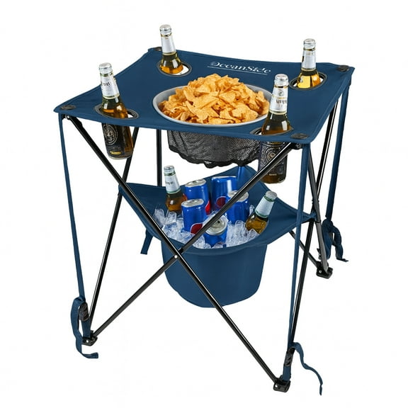 Living  Folding Beach Table with Built-In Cooler & Travel Bag – Lightweight Waterproof Table with 4 Mesh Cup Holders & Snack Pocket – 22.5x22.5x24 IN