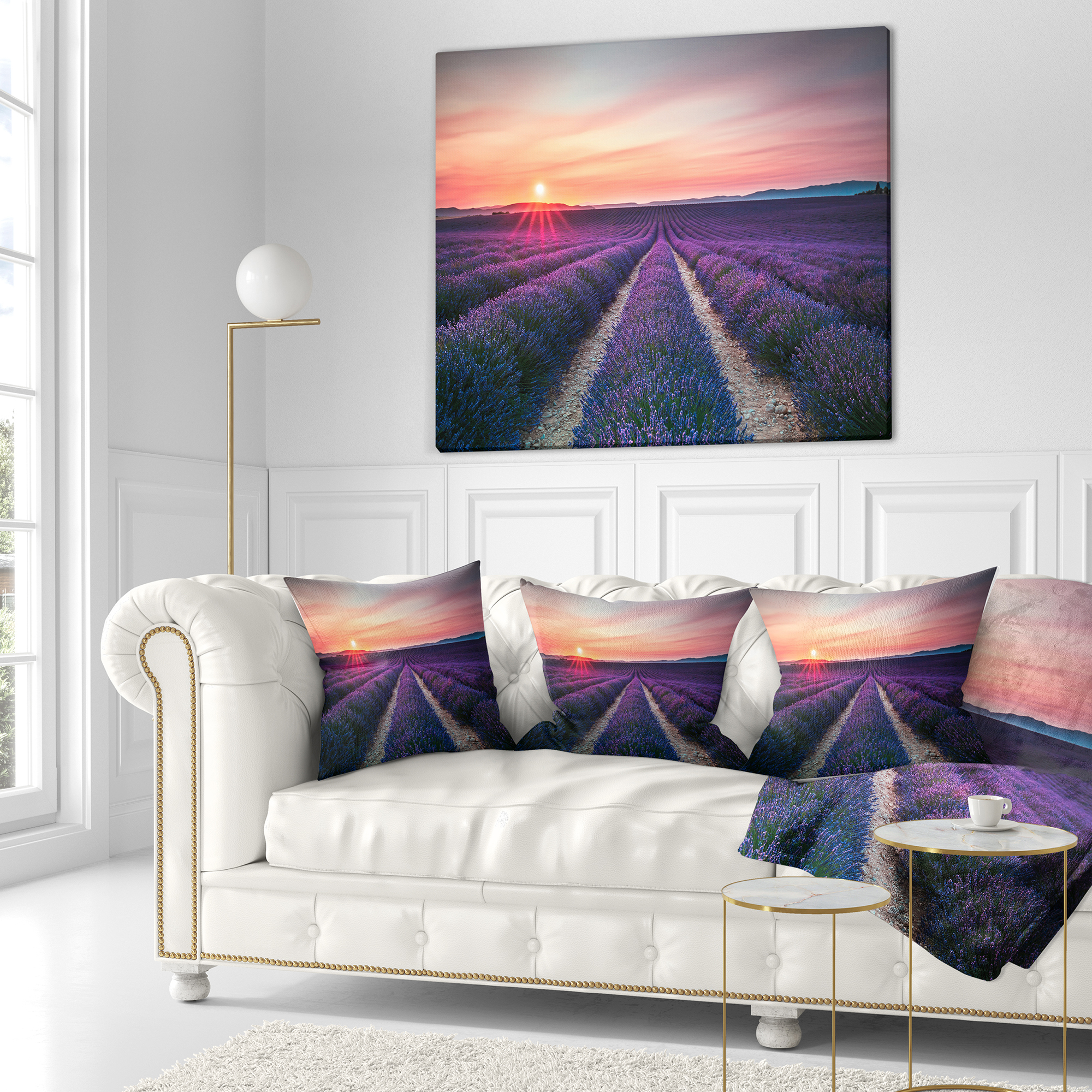 Designart Endless Rows of Lavender Flowers - Modern Landscape Printed Throw Pillow - 18x18