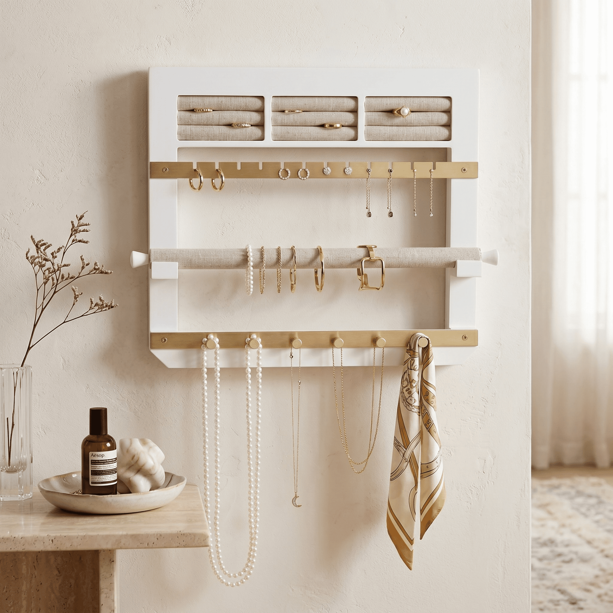 Hives and Honey May Wood Wall Hanging Jewelry Display Organizer - White, Gold and Linen