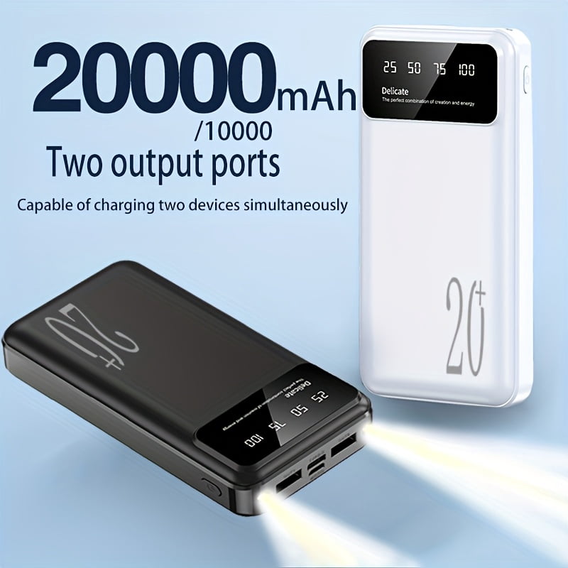 Large capacity 10000mAh/20000mAh power bank, support Micro/Type-C interface, dual input and dual output digital display power bank, dual LED lamp portable mobile power supply, safe and stable polymer