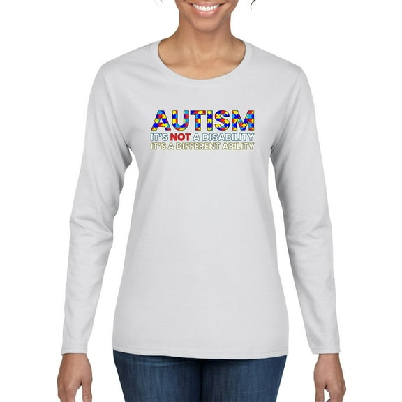 Autism Awareness Puzzle | Autism Is Not A Disablity It's A Different Abilty Inspirational Christian Womens Graphic Long Sleeve T-Shirt, White, X-Large