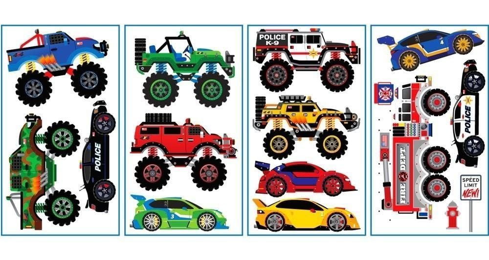 Monster Trucks Wall Decals Fire Engine Police Race Car Jeep Room Decor Stickers Dimensions 4 Sheets Of 10 X 18 By Sticker Hot Com - Police Wall Decor Car