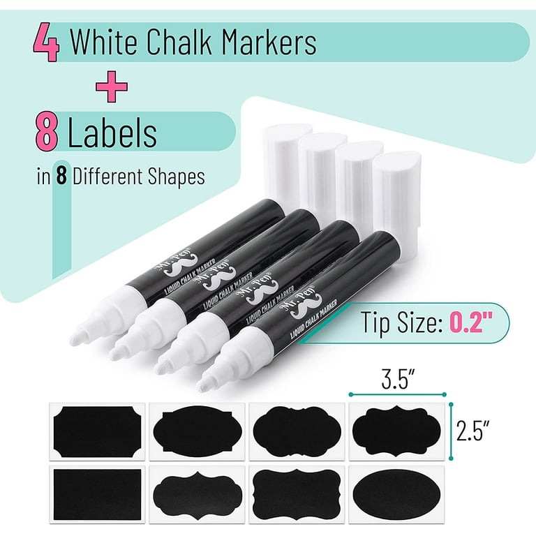 Mr Pen- White Chalk Markers, 4 Pack, Dual Tip, 8 Labels, White Liquid Chalk Marker, Chalk Markers, White Dry Erase Markers, Chalk Markers for