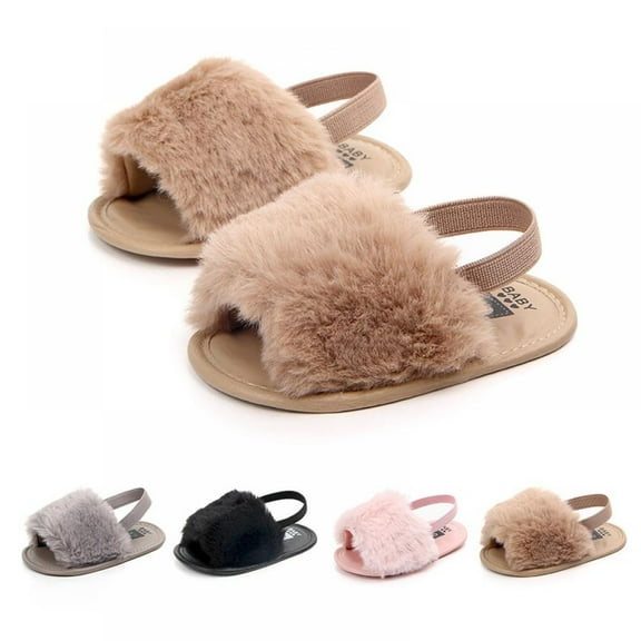 GYRATEDREAM Infant Baby Girls Sandals Faux Fur Slides with Elastic Back Strap Flats Slippers Shoes 0-18 Months