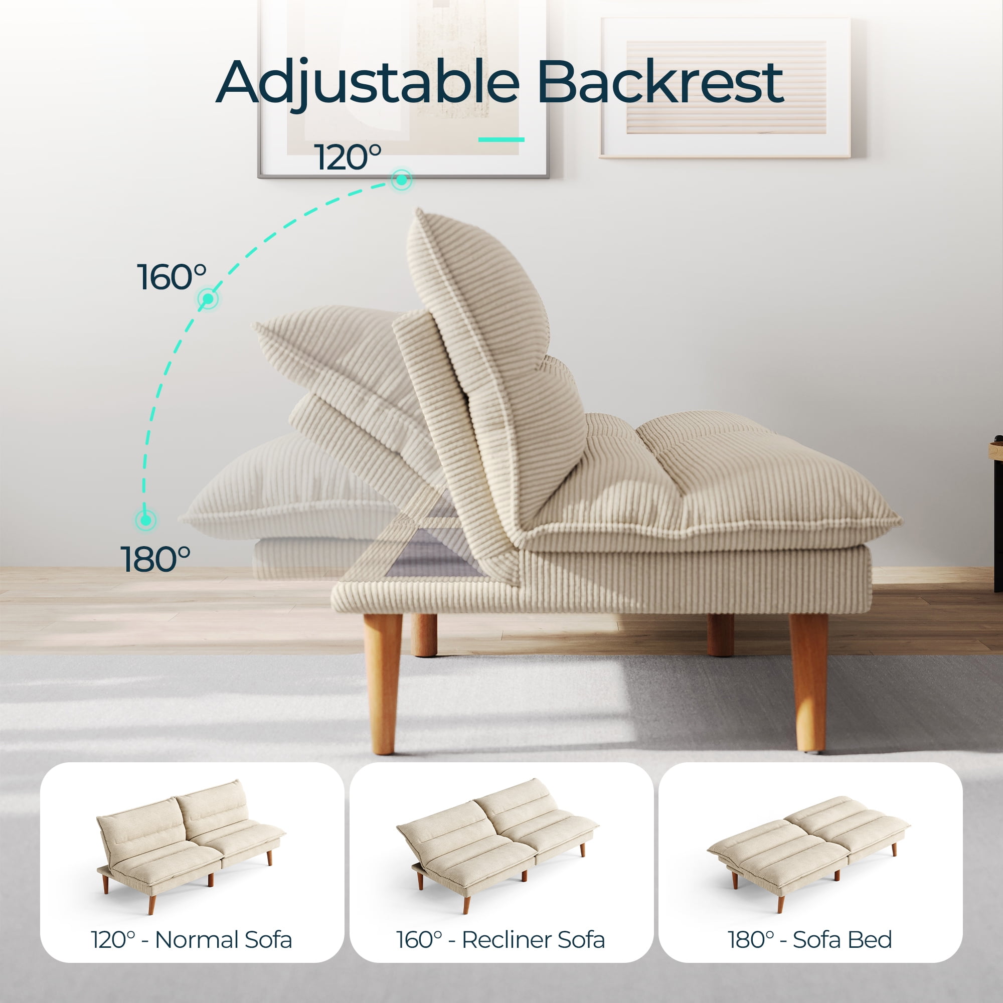 Linsy Home Convertible Futon Sofa Bed, Wooden Arms, 100% Corduroy, 75"W x 21"D x 23.30"H, White