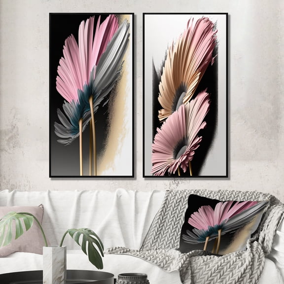 Designart "Hyperrealistic Gerbera Blossoms V" Gerbera Framed Wall Art Set Of 2 - Black Floral Gallery Wall Frame Set For Home Decor