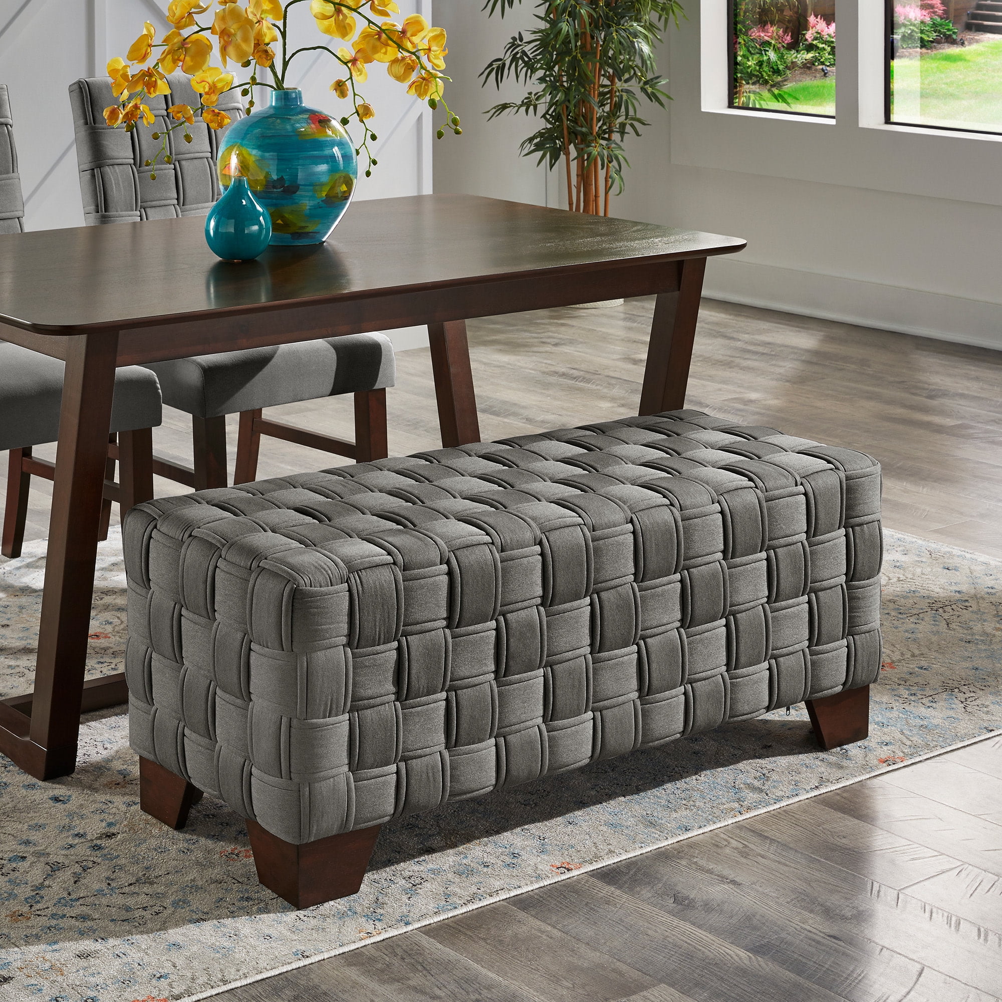 Weston Home Alle Walnut Finish Woven Fabric Bench, Dark Gray