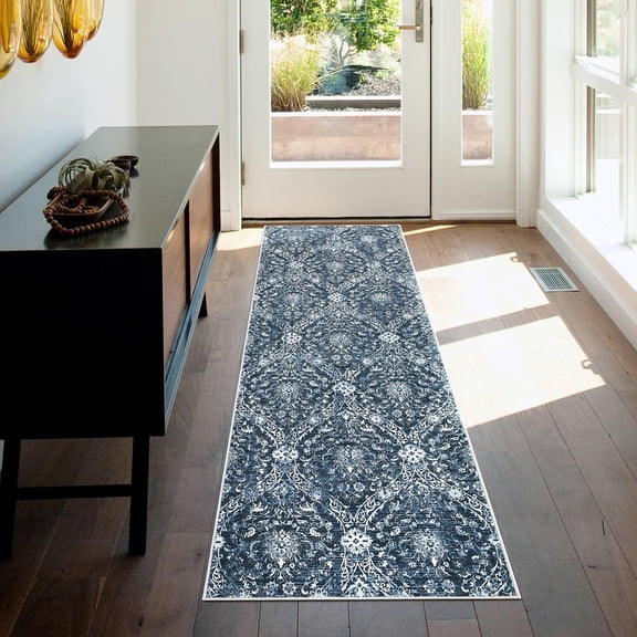 2x6 ft Washable Runner Rug Vintage Medallion Hallway Carpet Low Pile Non Slip Floor Rug Foldable Indoor Carpet for Entryway Bedroom Kitchen, blue