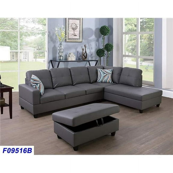 PonLiving Furniture LSF09516B 3 Piece Right Facing Sectional Sofa Set with Ottoman, Faux Leather - Dark Grey