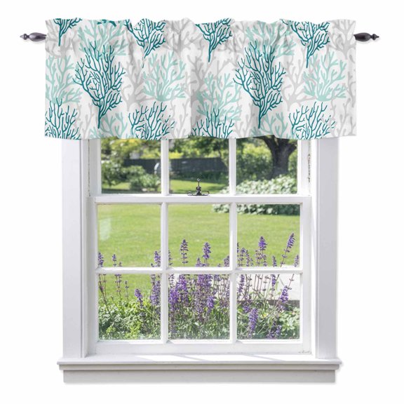 Summer Ocean Valances for Windows, Ombre Blue Coral Valance Window Treatment Rod Pocket Short Curtains Valances for Kitchen Bathroom 56"W x 16"L