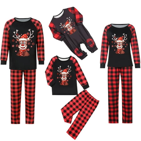 

Calsunbaby Matching Family Christmas Pajamas Set Reindeer Tops Plaid Pants XMAS Sleepwear Nightwear Black Red Mom L