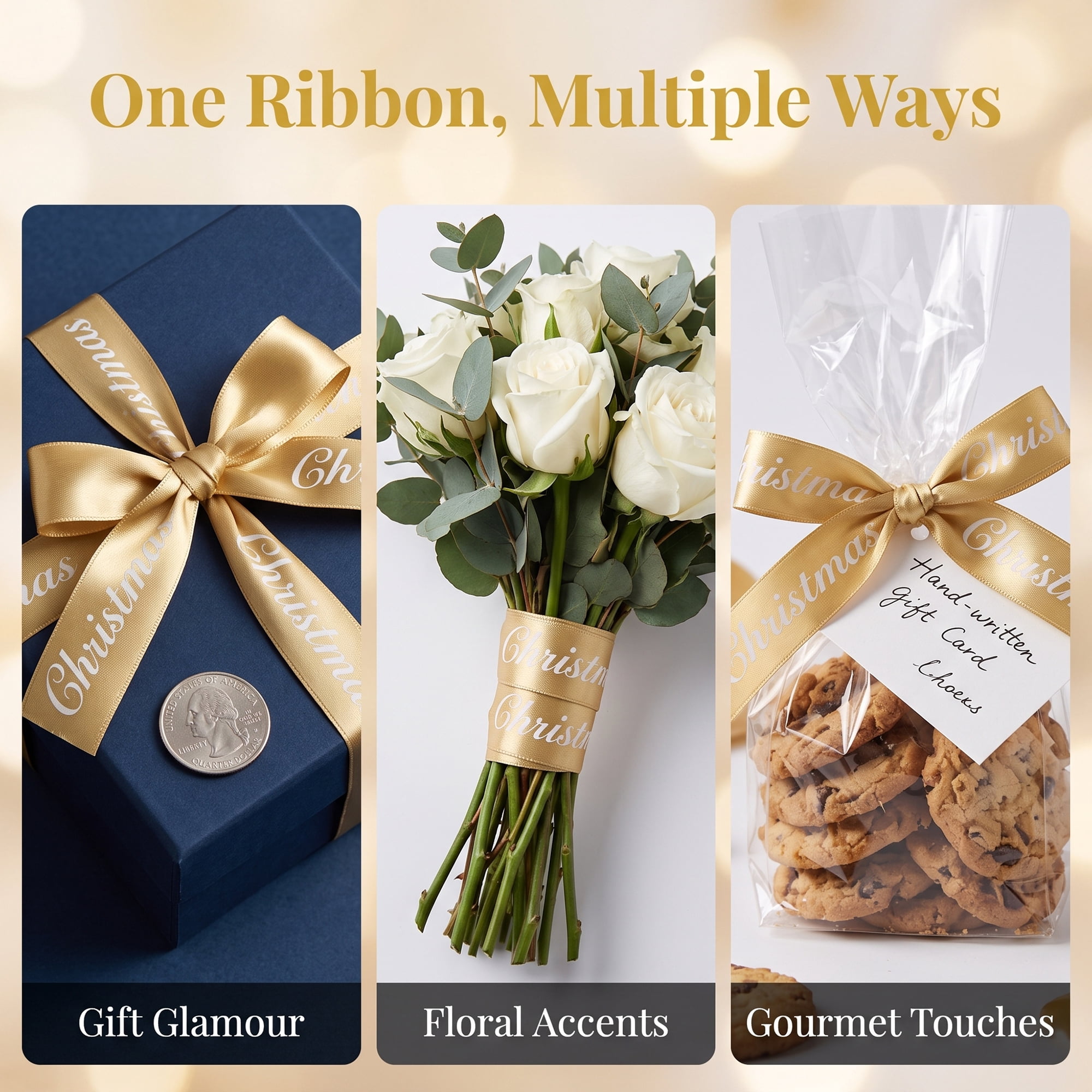 Unique Bargains Premium Fabric Ribbon for Gift Wrapping Gold 5.5 Yard