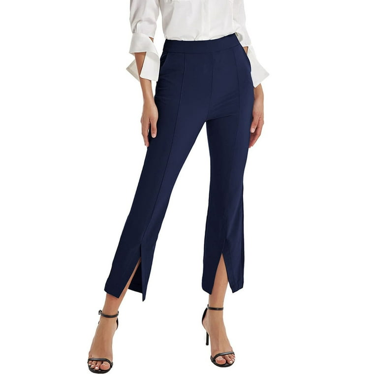 Inevnen Women's Split Front Cropped Pants Elastic High Waist Elegant Flare  Leg Capri with Pockets 