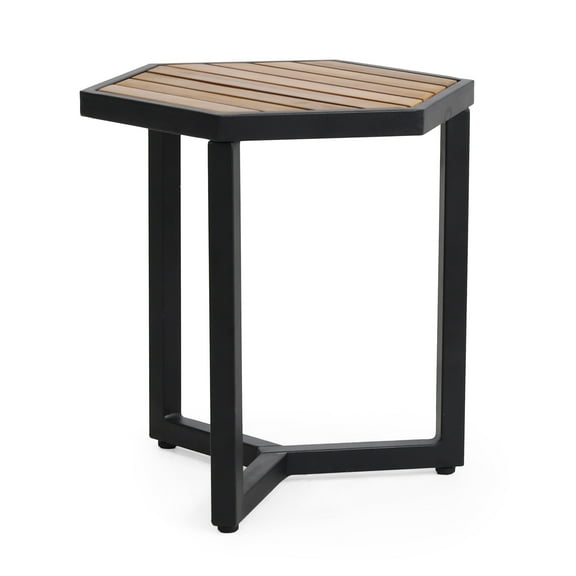 GDF Studio Taos Outdoor Industrial Acacia Wood Side Table, Teak and Black